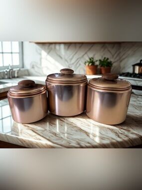 Vintage Mirro Copper Rose Gold Aluminum Canister Set 3 Wood Knob MCM USA